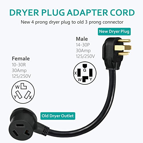 Boeemi 4 Prong New Electric Dryer Plug Male To 3-Prong Old Dryer Receptacle Female Connector Adapter, Nema 14-30P To 10-30R 4-Prong Dryer Outlet Adapter, 30A 125/250V 1.5Ft, Ul Compliant #TOP4