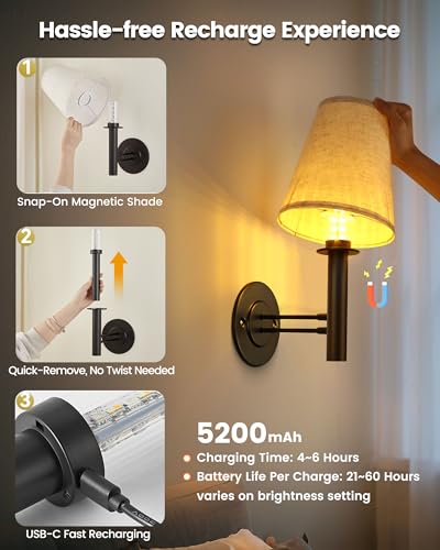 Image of TECOMLIGHT Rechargeable Battery Operated Wall Sconce Set of 2, Wireless LED Wall Lights with Remote & Touch Control, Wall Mounted Lamp Lighting Fixtures for Bedroom Living Room, Matte Black