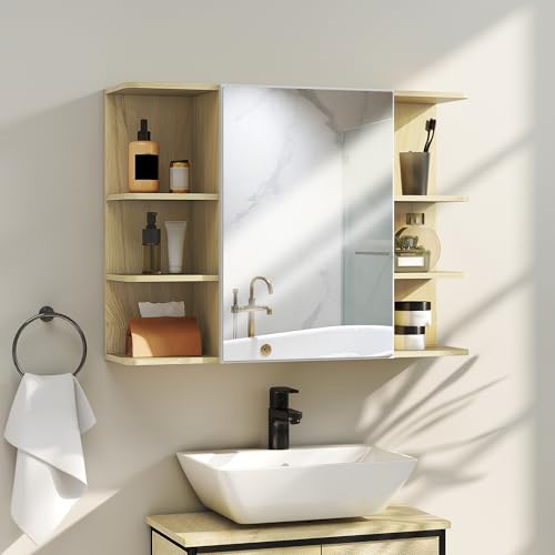HOMCOM Armario de Baño con Espejo Armario de Pared Mueble de Baño Colgar con Puerta Estantes Abiertos 80x20x59 cm Natural