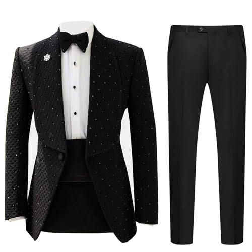 Men's 2 Piece Slim Fit Cotton Square Patterned Jacquard Shawl Lapel Tuxedo Suit with Rhinestone Suit for Wedding Prom