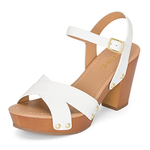 STYLISH S SHIFT - Womens Open Toe Studded Double Cross Band Ankle Strap Faux Wood Platform Heel Sandals3