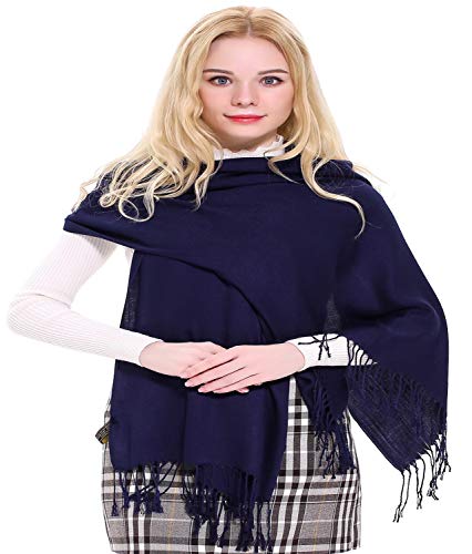 CJ Apparel Dark Blue Navy Blue Solid Color Tassels Design Nepalese Shawl Scarf Wrap Stole Throw Head Wrap Pashmina Hand Made in Nepal New2