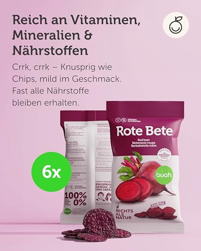 BUAH® Gemüsechips Mix - Karotten, Gelbe & Rote Beete Chips, 100% Natürlich, Ohne Fett, 6x Snack Beutel