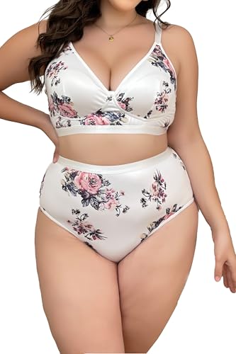 Women's Plus Size 2 Piece Lingerie Set Floral Sexy V Neck 3/4 Cup Bra High Waist Panty Matching Sets Underwear2