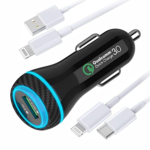 MOCA for iPhone 51W Fast Charger, USB C Dual Ports W/ 2pcs 3.3ft A-P/C-P Cable Car Charger Adapter for iPhone 13 12 11 Pro/XS/XR/SE/X 8/iPad/AirPods Quick Car Charging