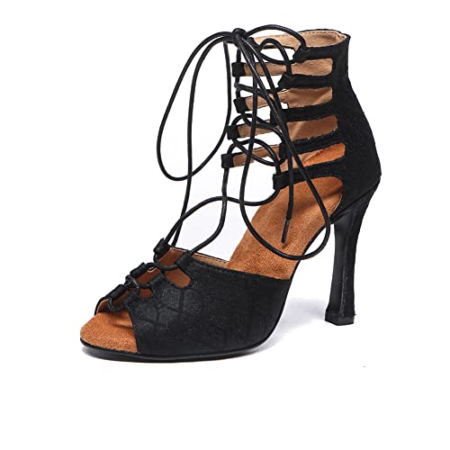 HROYL Chaussures de Danse de Salon Latine Bottines Lacets Petit Talon Bottes de Danse Femme Salsa et Bachata,YCL544-Suola in Camoscio-Noir-7.5,EU 38 Cover