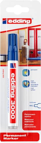 edding 3000 Permanentmarker - blau - 1 Stift - Rund-Spitze 1,5-3 mm - schnell trocknender Permanent Marker - wasserfest, wischfest - für Karton, Kunststoff, Holz, Metall - Universalmarker
