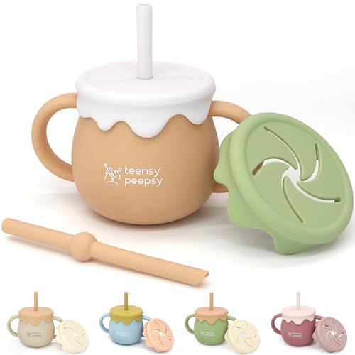 Image of teensy peepsy Honey Jar Pot 3-in-1 Silicone Training Cup 8.5oz, Unisex Baby Sippy Cup with Straw & Snack Lid for 6 months+ Break Resistant Open Cup for Toddler Smoothie Drinkware (Harvest Wood)