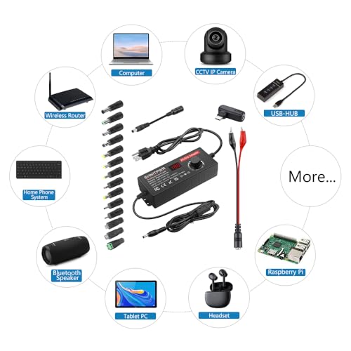 Image of SHNITPWR 120W Universal Power Supply Adapter DC 3.5V~24V 5A Adjustable AC /DC Adapter with USB C Charger PD 100W 100V-240V AC to DC Converter Variable Power Supply,14 Tips,Alligator Clips Power Cable