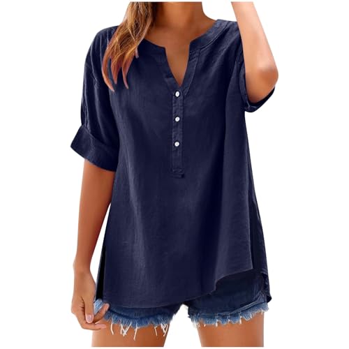 Camiseta Mujer Algodón Lino Manga Corta Camisa Blusa Ligero Verano Moda Casual Color Sólido Suelto Cómodo Cuello en V Botones Tops Tshirt Elegante Basic tee Transpirable Talla Grande 2025