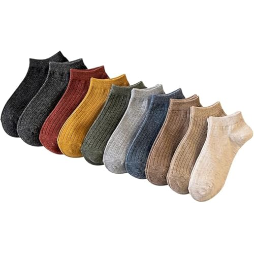 Inlefen 10 Pares Calcetines Tobilleros de Algodón para Mujer de Corte Bajo No Show a Rayas Color Sólido