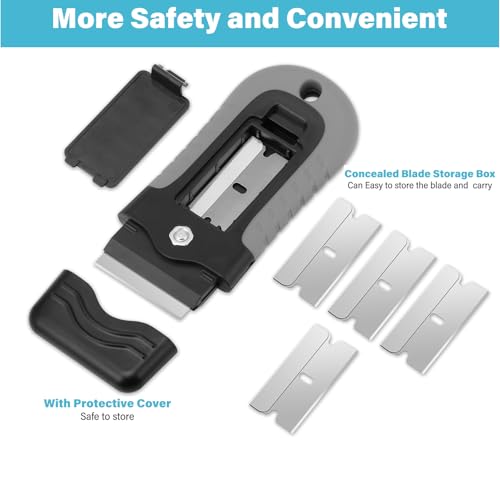 Image of Razor Blade Scraper Tool, Windows, Glass Stovetop Paint Scraper | 10PCS Stainless Steel Blades Bulit-in Blade Storage Container, Removing Paint, Adhesive, Stickers, Labels, Decal,Grease