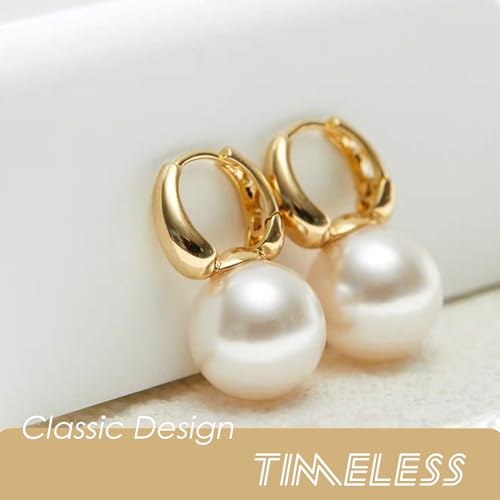 Pearl Drop Earrings, 14mm Elegant Big Pearl Earrings for Women, 14K Gold Plated Hoop Clasp, Pearl Dangle Earrings for Gift3