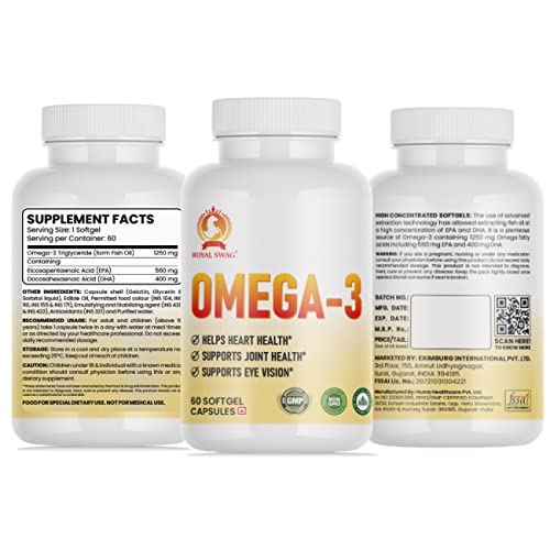 Royal Swag 1250Mg Of Omega 3 Fish Oil Capsules - High Potency, Molecularly Distilled, Burpless Softgels With Epa And Dha For Immune Support, Joint, Vision, And Heart Health - 60 Count. #TOP6