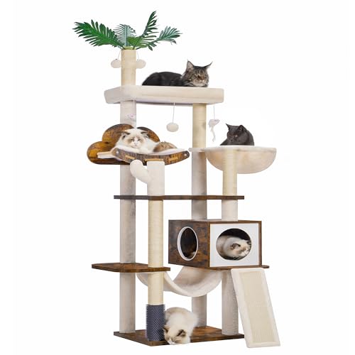 Hebly Wood Cat Tree for Indoor Cats, Cat Condo for Large Cats with Self Groomer,Modern Cat Scratching Tower with Basket,Hammock,Dangling Ball and Leaves,Rustic Brown HCT120SR