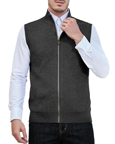 Kallspin Men's Wool Blend Sweater Cardigan Sleeveless Full Zip Cardigan Knit Office Business Casual Vest Sweater (Charcoal 2XL)