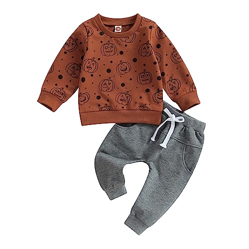 Image of Toddler Baby Boy Halloween Outfits Pumpkin Dots Print Sweatshirt Top with Long Pants Cute Newborn Fall Clothes Set (Brown & Grey, 6-12 Months)