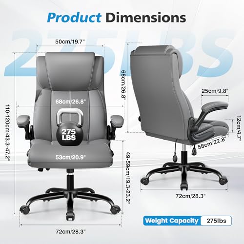 Image of Ergonomic Office Chair, High Back Leather Executive Desk Chair | Inflatable Lumbar Support, Padded Arms for Elbow Comfort, Heavy-Duty Rocking Chair for All-Day Sitting, Plush Wide Seat, Gray