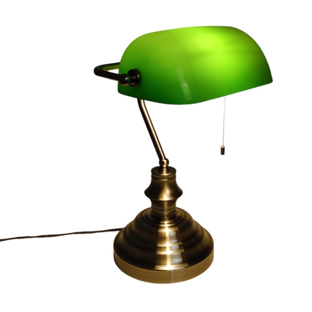 Dapo Bankerslampe Schreibtischleuchte mit Zugschalter Fassung E27 Bürolampe altmessing Schirm grün Arbeits-Nachttisch-Tisch-Lampe-Leuchte Nostalgielampe