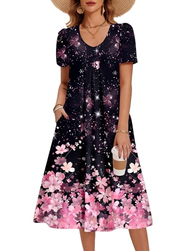 Zeagoo Spring Midi Dresses with Sleeve Womens Floral Sundresses Short Sleeve Shift Dress V Neck Pleated Flowy Swing Dress Women Hawaiian Dresses L