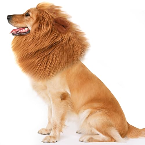 NEWBEA Lion Mane for Dog Costume, Dog Lion Mane, Realistic Wig for Medium to Large Sized Dogs, Halloween Costumes, Brown with Ear