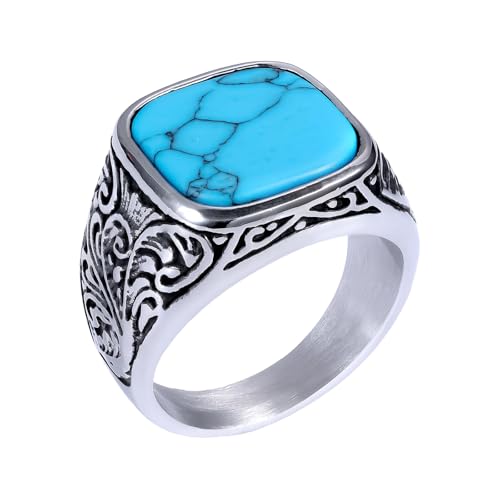 JewelryWe Bague Homme Chevalière Acier Inoxydable: Bague Pierre Turquoise Noire Carrée Gravure Vintage, Tailles 57-75, Bijou Tendance Polyvalent, Cadeau...