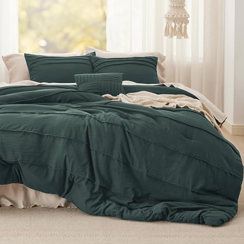 Image of Bedsure King Comforter Set - 4 Pieces Pinch Pleat Bed Set, Emerald Green Boho Bedding for All Season, 1 Soft Comforter, 2 Pillowcases, 1 Decorative Pillow