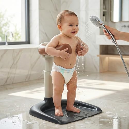 Image of BAYBEE Babyflo Shower Bath Stand for Baby for 0 - 3 Years for Kids | Baby Standing Bath Stand with Adjustable Height & Width | Foldable Kids Bathstand with Shower Holder & Anti-Slip Base (Brown)