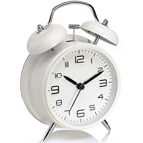 4 inch Twin Bell Alarm Clock, Metal Frame 3D Dial with Backlight Function, Desk Table Clock for Home and Office (White)