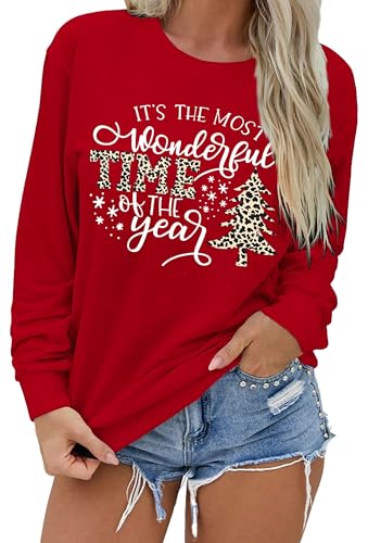 hohololo Christmas Sweatshirts Women Xmas Shirt Christmas Tree Graphics Pullover Holiday Long Sleeve Tops (Red-a,XXL)