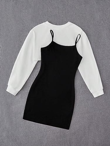 COZYEASE Girls' 2 Piece Outfits Drop Shoulder Long Sleeve Crop Top Pullover and Graphic Cami Bodycon Dress2