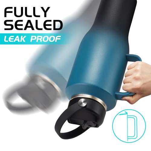 Image of Water Bottle 40oz with Handle Insulated,LeakProof Stainless Steel Tumbler with Lid and Straw, Thermal Cups w /Carrier Pouch with Strap & Protective Boot, Thermo Coffee Flask Fit in Cup Holder