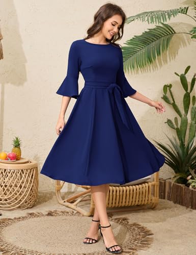 Image of HomRain Women's Church Dresses Modest Bell Sleeve Wedding Guest Cocktail Tea Party Vintage Evening Dress