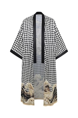 PRODESIGN Mens Houndstooth Kimono Robe - Long Satin Sleepwear Silky Nightgown Bathrobe Dressing Gown Cardigan Beach Cover Up2