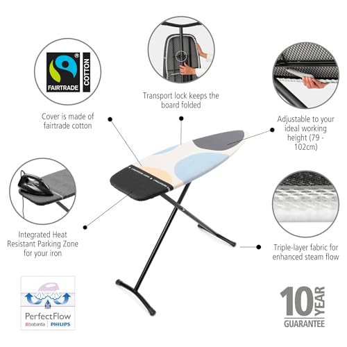 Image of Brabantia Premium Ironing Board with Heat Resistant Parking Zone | X-Large (Size D) | Fairtrade Bubbles | Tall & Wide, Adjustable Height (31-40 inch), Easy Fold, Anti-Collapse Lock, Non-Slip Feet