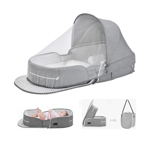 Image of Baby Travel Bassinet Portable Bassinets, Foldable Carry Bag Bassinet Travel Crib, Lightweight Baby Lounger Pod Infant Bed with 2-1 Mosquito & Canopy (Grey)