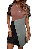 GORGLITTER Damen T-Shirt Kleid Farbblock Casual Freizeitkleid Spitzen Raglanärmeln Tunika Sommerkleid Schwarz und Rosa XL