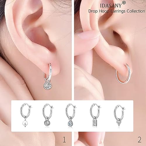 Dangle Hoop Earrings for Women, 925 Sterling Silver Hoop Earrings with Charms Tiny Baguette Round Teardrop Trio Cubic Zirconia Pearl Drop Dangling Cartilage Helix Tragus Diamond Jewelry Gifts4