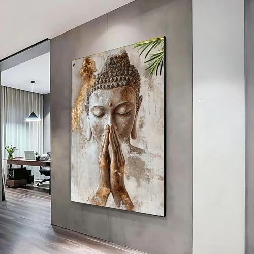 Toile représentant un Bouddha paisible aux mains en prière, art mural spirituel, décoration de méditation, statue de Bouddha zen sur toile, décoration de...