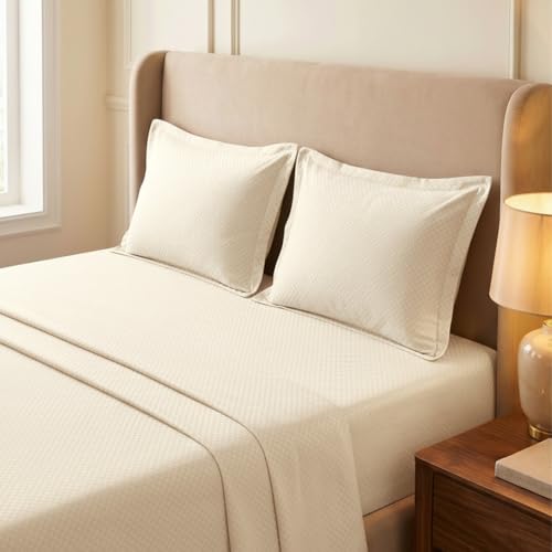 Image of LANE LINEN 400TC 100% Cotton Micro Check King Size Bedsheet - Ivory
