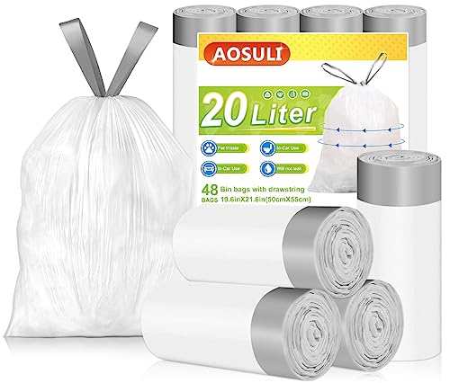 Bin Bags 20L with Drawstring Tie Handle AOSULI White Bin Liners/Strong Trash Bags