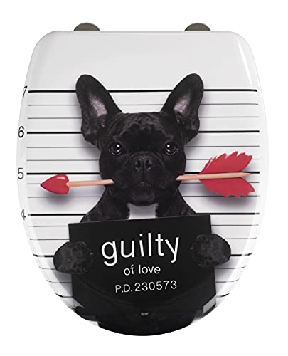 WENKO WC-Sitz Guilty Dog, Toilettensitz mit Absenkautomatik, Fix-Clip Hygiene-Befestigung, WC-Deckel aus antibakteriellem Duroplast Escobillero Badi, cromo 45 x 38 cm