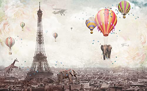 Papier Peint 3D Intissé Murales Rétro Paris Montgolfière Éléphant Girafe Animal Papier Peint Panoramique Tapisserie Peinture Poster Photo 350x245cm