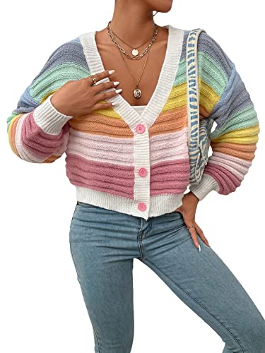WDIRARA Women's Colorful Open Front V Neck Long Sleeve Crop Cardigan Buttons Loose Knit Sweater Coat