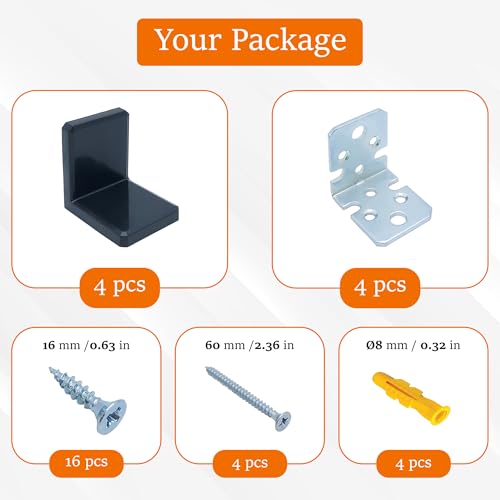 YAPIKAN L Bracket, Black Shelf Brackets, Stainless Steel Corner Brace, Furniture Anchors for Baby Proofing, Heavy Duty Cabinet Hanging Brackets, Plastic Cover Metal Brackets for Shelves, 4 PCS