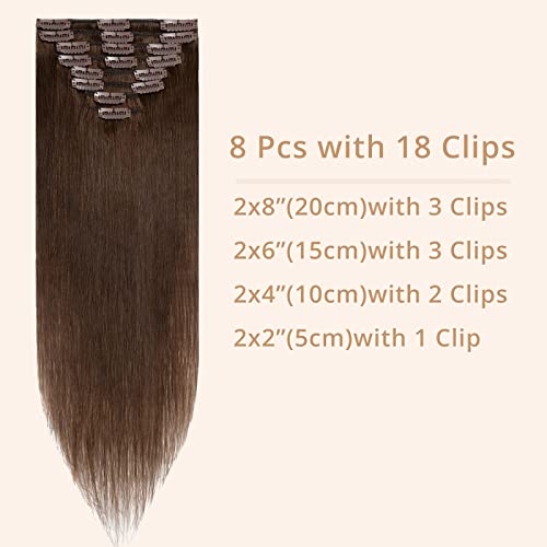 TESS Clip in Hair Extensions Real Human Hair Brown Remy Seamless 8 Pieces Straight for Women/Girls (#04 Medium Brown, 12 Inch 55g) - Image 4