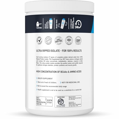 Image of MuscleTrail Pharma Grade Ultra Ripped Whey Protein Isolate - Premium Protein for Men & Women - 27g Protein per Serving - Supports Muscle Growth, Strength & Recovery - L-Carnitine & CLA (1KG, Mango)