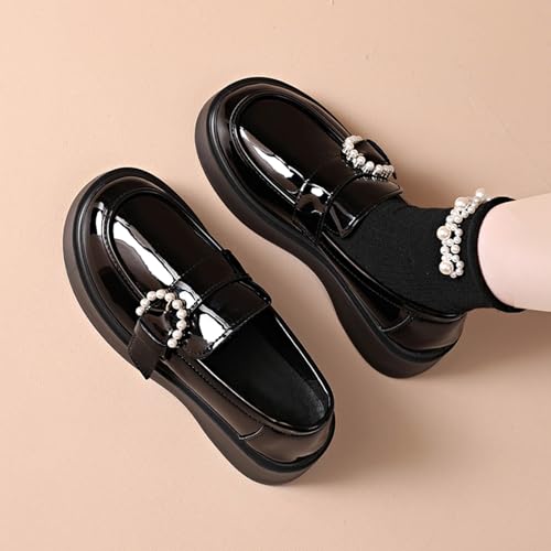 Mary Jane Shoes for Women Chunky Flats - Women Black Platform Mary Janes - Ladies Casual Pearl Shoes Comfortable Dressy4