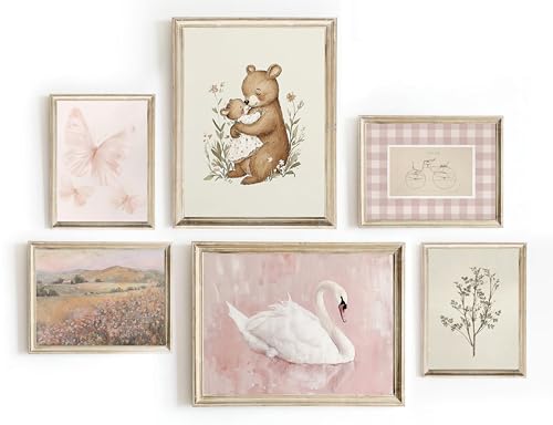 Image of Vintage Nursery Wall Art Pink Baby Girl Room Decor Floral Bear Swan Canvas Prints Animals Plant Artwork Country Posters for Kids Room Bedroom 8x10x4 12x16x2 lnch Unframed