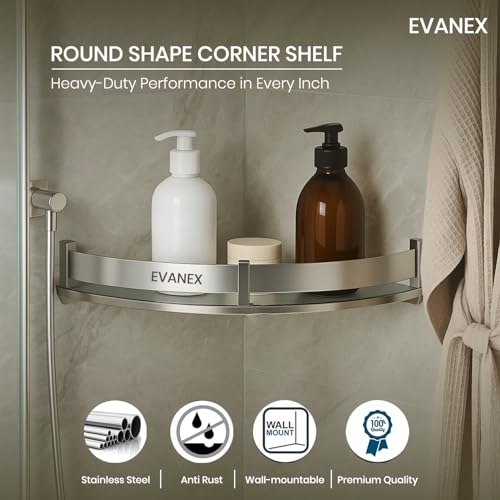 Image of EVANEX Corner Shelf for Bathroom 9x9 inch Multipurpose Storage Rack | 304 Stainless Steel Corner Shelf for Kitchen and Bathroom | Wall Mount Storage Rack for Toiletries